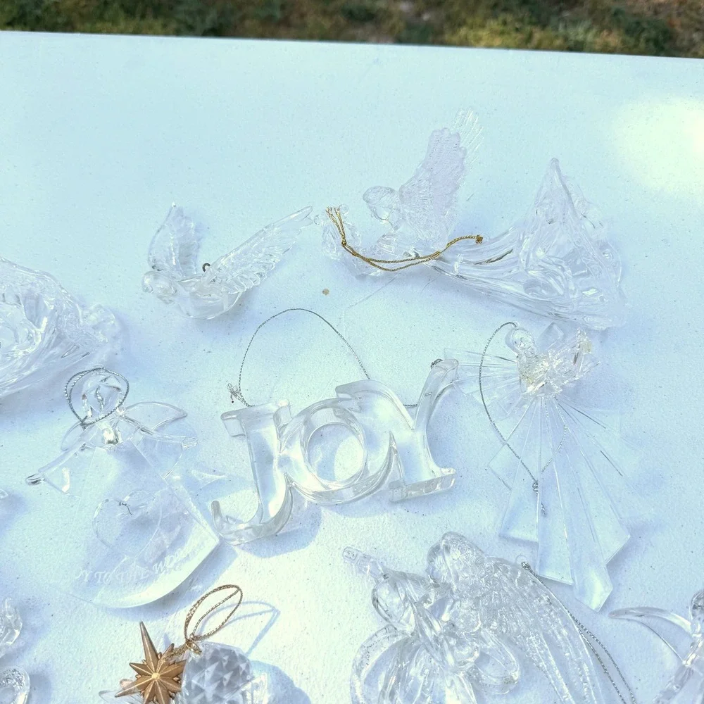 Christmas Ornament Lot 12pc Clear Acrylic Angels Joy Doves Clear